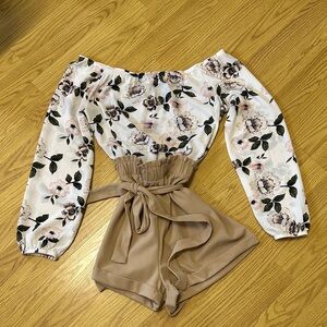 Streetwear Society Floral Off-Shoulder Jumpsuit in White and Tan